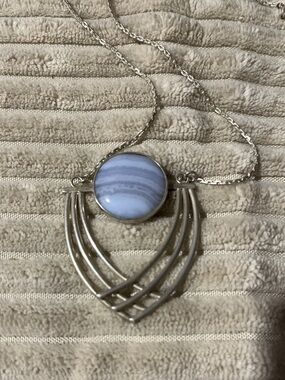 Vintage Sterling Silver Necklace with Blue Lace Agate Pendant
